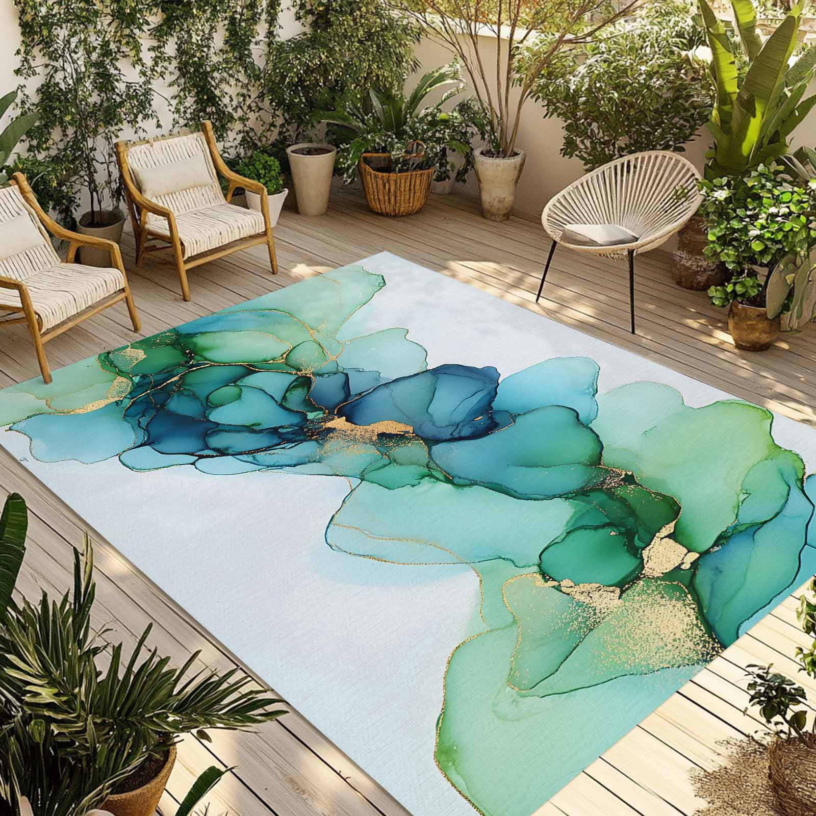 Outdoor Rug 5x8ft Abstract Ombre Green Blue Marble Large Area Rug Modern Art Indoor Outdoor Carpet Outdoor Rugs Mats for Patio Camping,RV,Front Door, Outside Decor