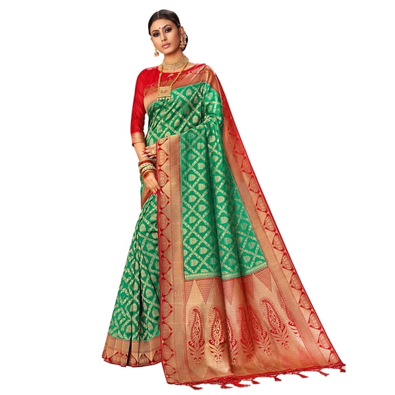 Sarees for Women Linen Banarasi Art Silk l Indian Rakhi Wedding Diwali Gift Sari with Unstitched Blouse