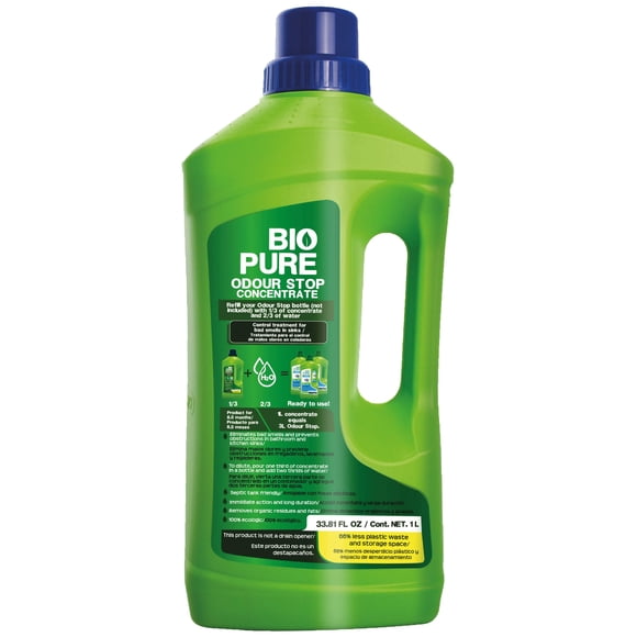 BIOPURE Odour Stop Concentrado 1 L Tratamiento contra Malos olores en tuberías, coladeras, drenajes de Baño y Cocina, Elimina olores y Evita obstrucciones en lavabos, fregaderos,