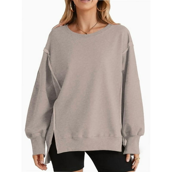 Women Oversized Sweatshirts Crewneck Side Slit Pullover Long Sleeve Casual Tops