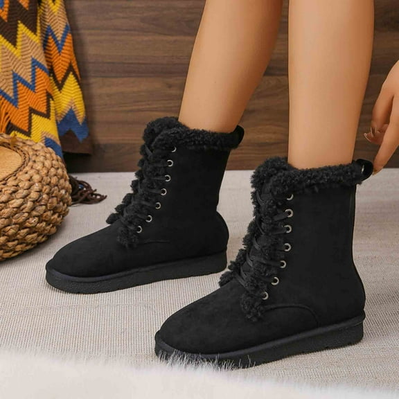 Bnwani Women Boots Footwear Fashion Toe Flat Fleece Warm Strap Comfortable Casual Solid Snow Boot Black Size 5.5