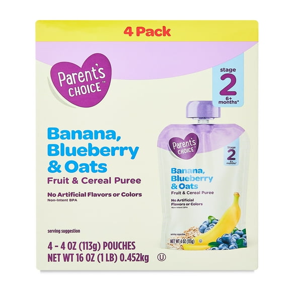 Parent's Choice Stage 2 Baby Food, Banana Blueberry Oats Fruit and Cereal Puree, 4 oz Pouch (4 Pack)