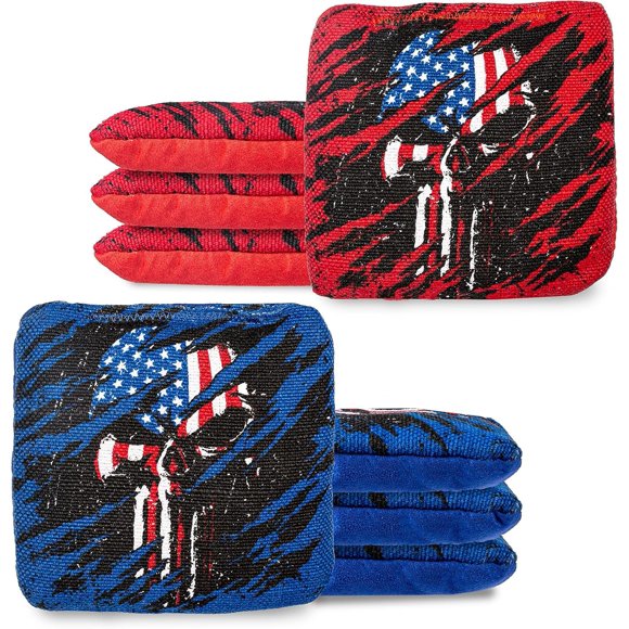 Play Platoon Tournament Series Professional Cornhole Bags Set of 8 - Pro Style Dual Sided Slick and Sticky Side Bags - Designed in USA - 4 Red & 4 Blue American Flag Skulls