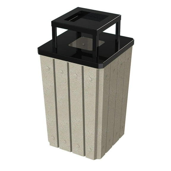 Sturdy Essentials 32 Gallon Square Slated 100% Recycled Plastic Heavy Duty Outdoor Trash Can with Ashtray Top Lid - Beige Granite