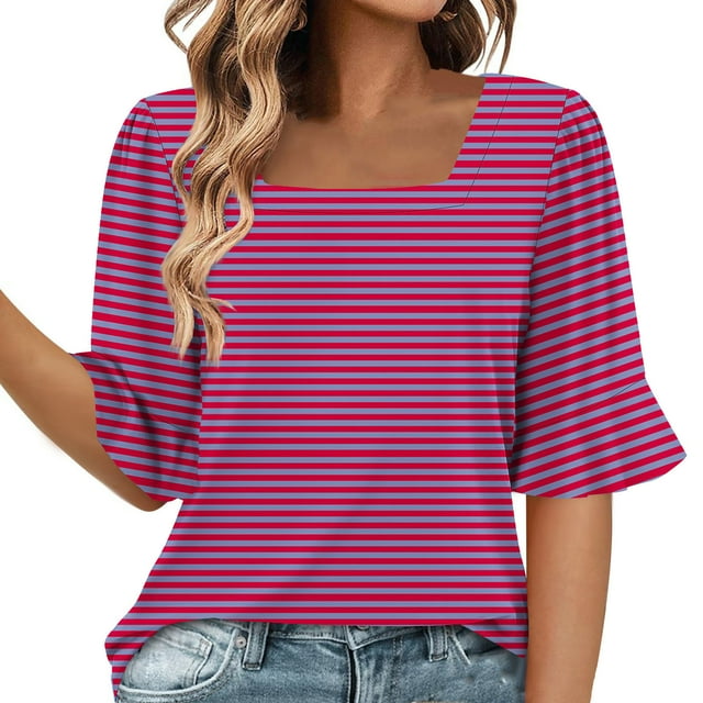 Blusas de Manga Corta para las Mujeres, Moda Verano Impreso, Blusas de Cuello Redondo, Chaqueta de Manga Corta para las Mujeres