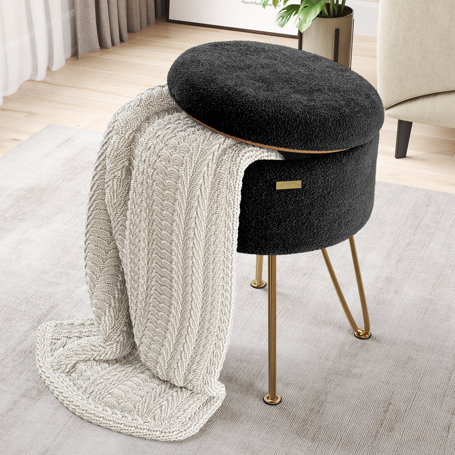 LammaLoe Small Round Ottoman with Storage, Boucle Ottoman Foot Stool with Lid, Upholstered Vanity Stool for Living Room & Bedroom, Black