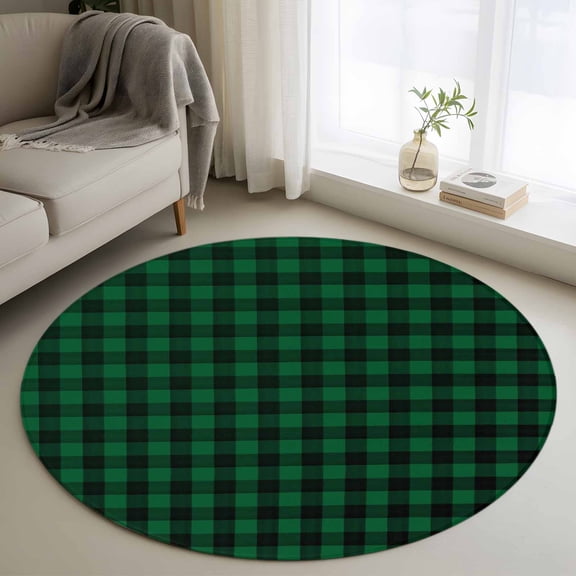 Round Area Rugs Collection 3.3 Ft, Green Black Check Non-Slip Residential Carpet, Farmhouse Buffalo Plaid Vintage Indoor Crawling Mats Doormat Runner Rugs Play Mat forBedroom