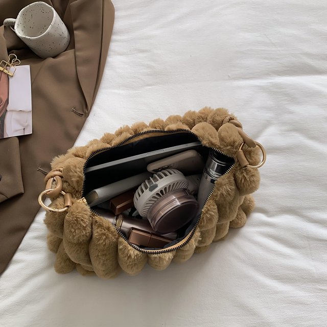 Bolsa borroso de invierno Moda Vertical Felpa Casual Mujeres de hombro (Caqui) Likrtyny Para Estrenar