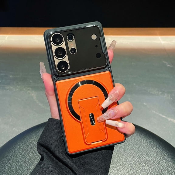 for Samsung Galaxy S26 Magnetic Case with Transparent Camera Cover, Compatible with MagSafe, Luxury Hybrid Shockproof Non-Slip Kickstand Phone Case for Samsung Galaxy S26 , Orange