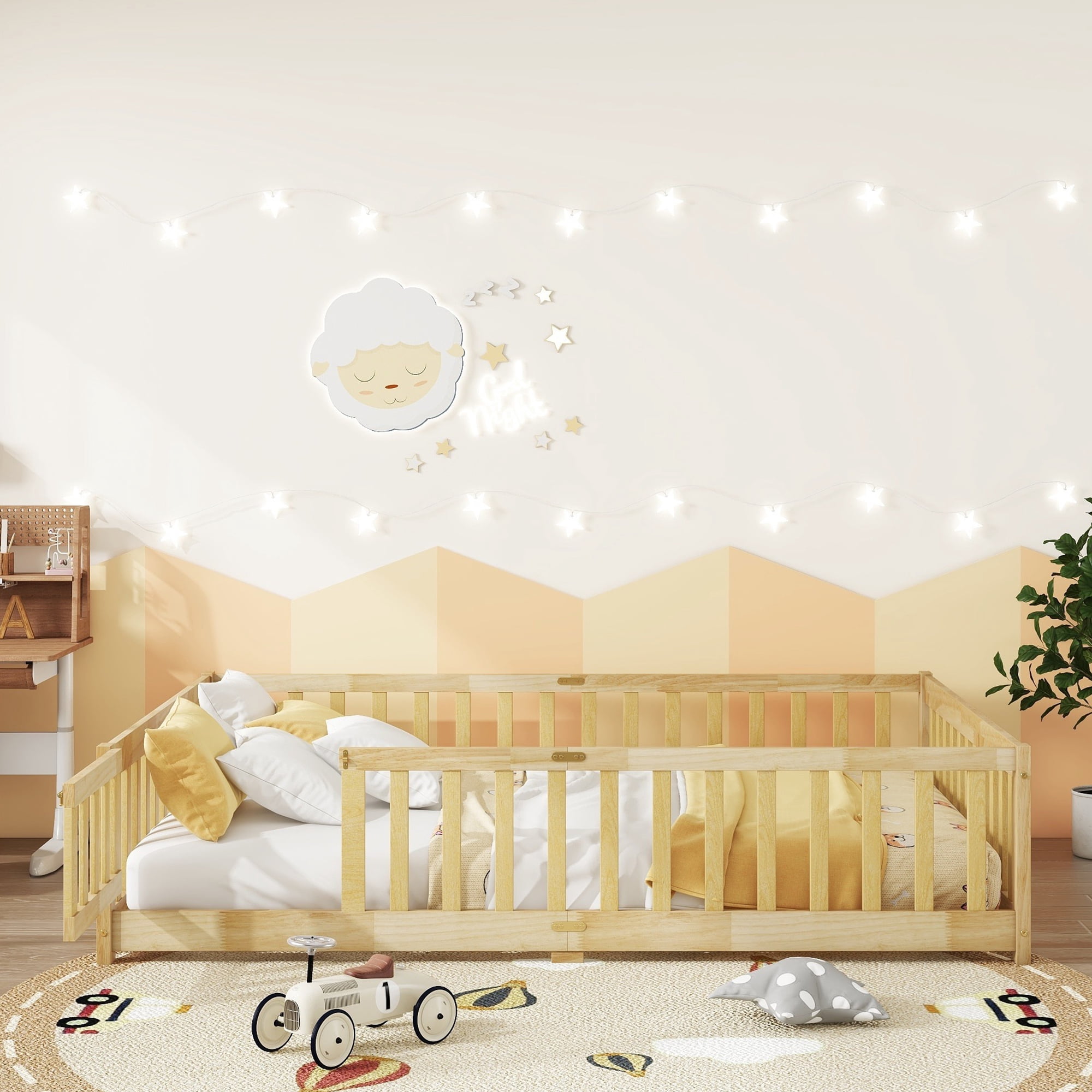 Alvantor Full Size Montessori Floor Bed for Kids with Door and Fence, Rubber Wood Toddler Platform Bed Frame, No Box Spring Needed, Natural