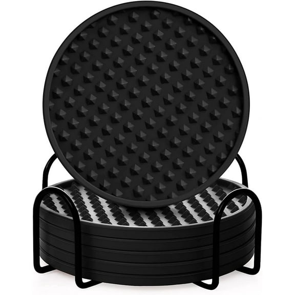 NOGIS Drink Coasters Set of 6 with Holder,4.0 Inches Round Silicone Coaster,Stay Put,Deep Tray,Non-Slip,Heat Resistant,Soft Cup Mat for Tabletope Protection,Furniture from Damage(Black)