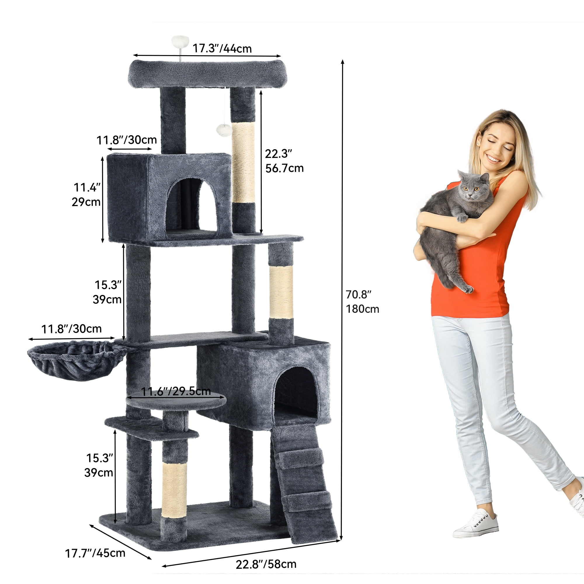 70.8in Cat Tree Tower for Indoor Cats, Multi-Level Cat Furniture with Scratching Posts,Cat Window Padded Plush Perch,Cozy Basket and Funny Toys for Kittens Pet Play House,Dark Gray