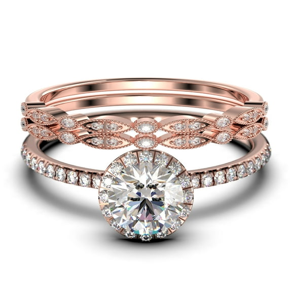 Dainty Art Deco 2.25 Carat Round Cut Diamond Moissanite Engagement Ring, Wedding Ring in 925 Sterling Silver, White Gold Plating Trio set