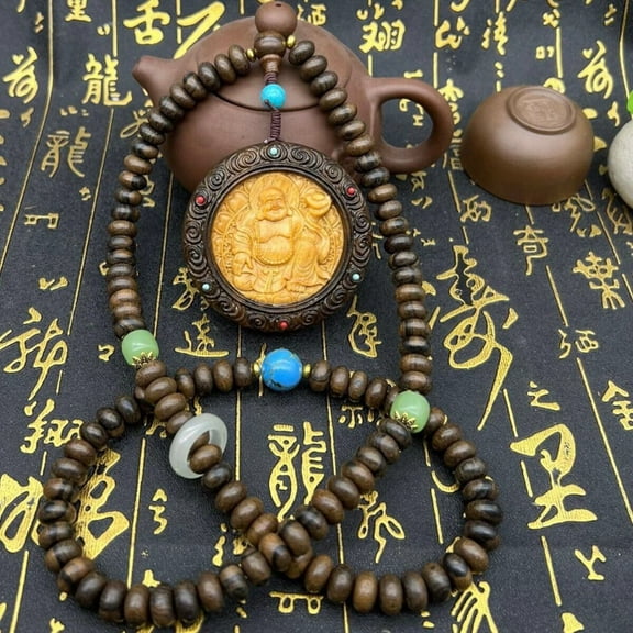 Wood Maitreya Pendant Bead Necklace Vintage Style Carved Amulet Buddhist Jewelry Gift for Men and Women Spiritual Accessory