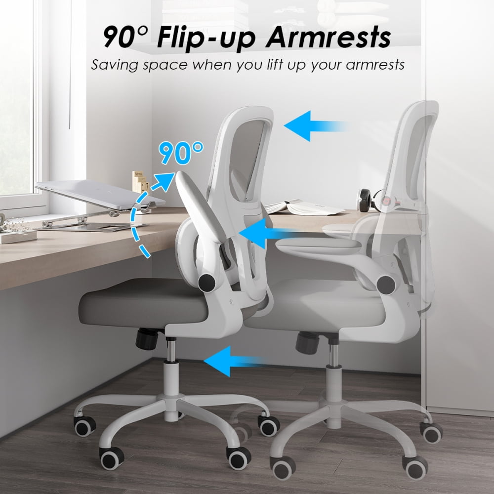 Pawverly Ergonomic Mesh Office Chair with Adjustable Lumbar Support, Flip-up Arms, Swivel Task Computer Desk Chair with Wheels, Comfy Home Office Chair, Black+White