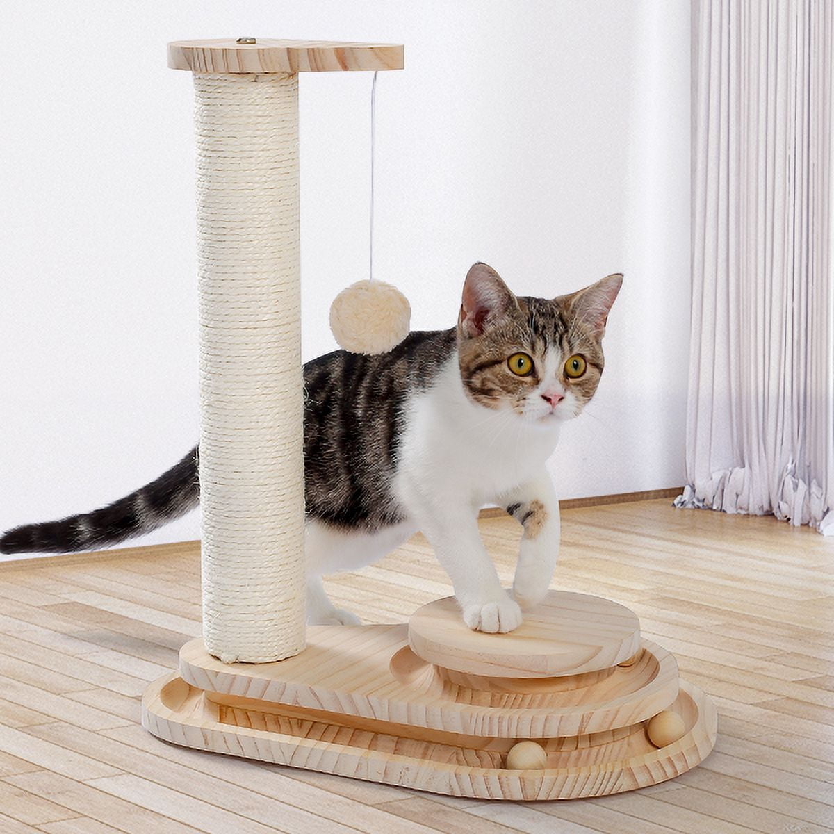 Made4Pets Beige Wooden Cat Scratching Post with Play Ball Interactive Toy，5"L x 9.8"W x 17.7"H