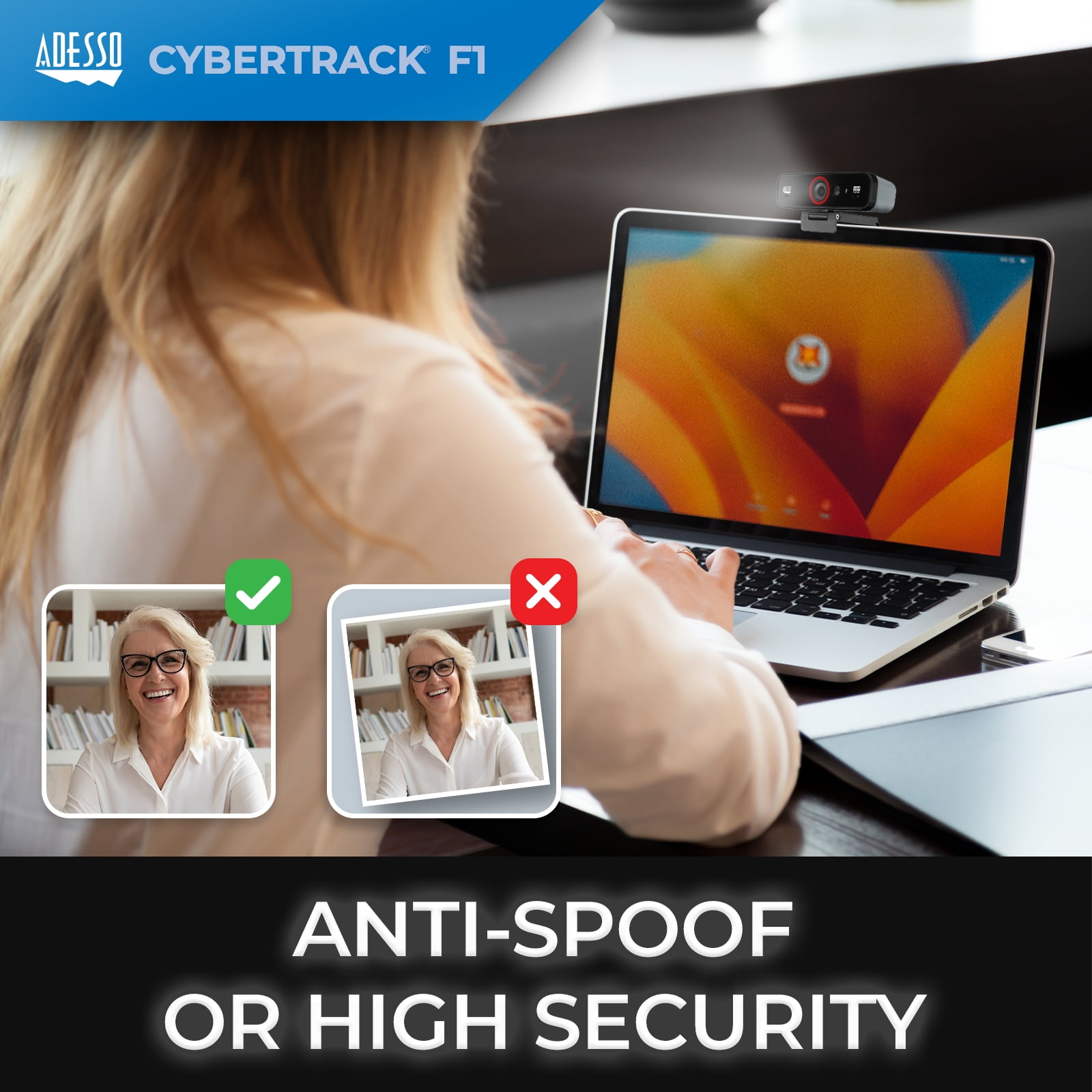 Adesso F1 True 1080P Webcam with Windows Hello, Computer Camera for PC Built-in Dual Microphone