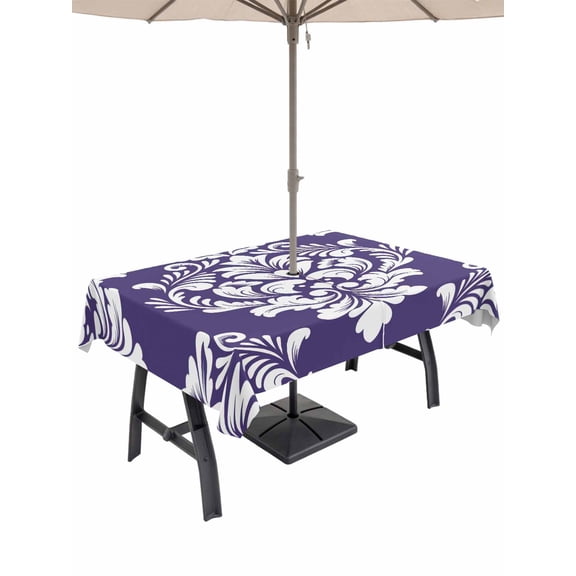 Outdoor Tablecloth with Umbrella Hole for Patio/Picnic/Party/Camping, Purple Boho Waterproof Table Cloth Rectangle Table Cover Washable, Vintage Classic Bohemia Flower Textured (60"x 84")