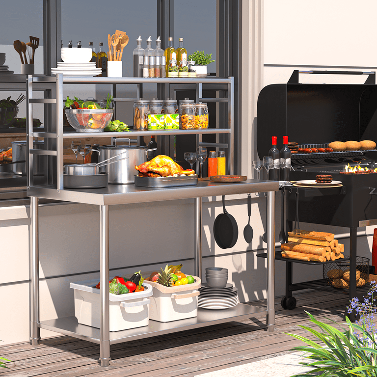 AECOJOY Stainless Steel Prep Table, Dual Shelves, Hooks, Heavy