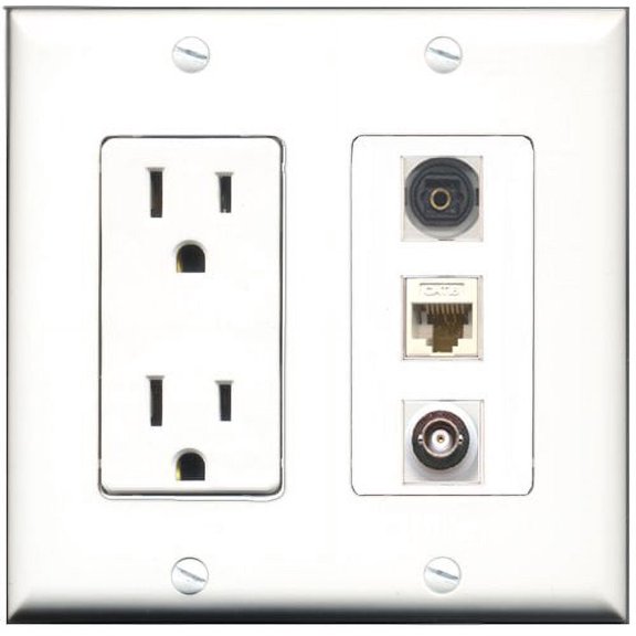 RiteAV - 15 Amp Power Outlet 1 Port Toslink 1 Port BNC 1 Port Cat6 Ethernet Ethernet White Decorative Wall Plate