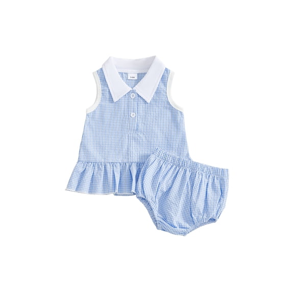BemeyourBBs Newborn Baby Girls Summer Clothes Cute 2 Pieces Plaid Gingham Outfit Infant Collar Button Down Ruffle Tank Tops with Bubble Shorts Set