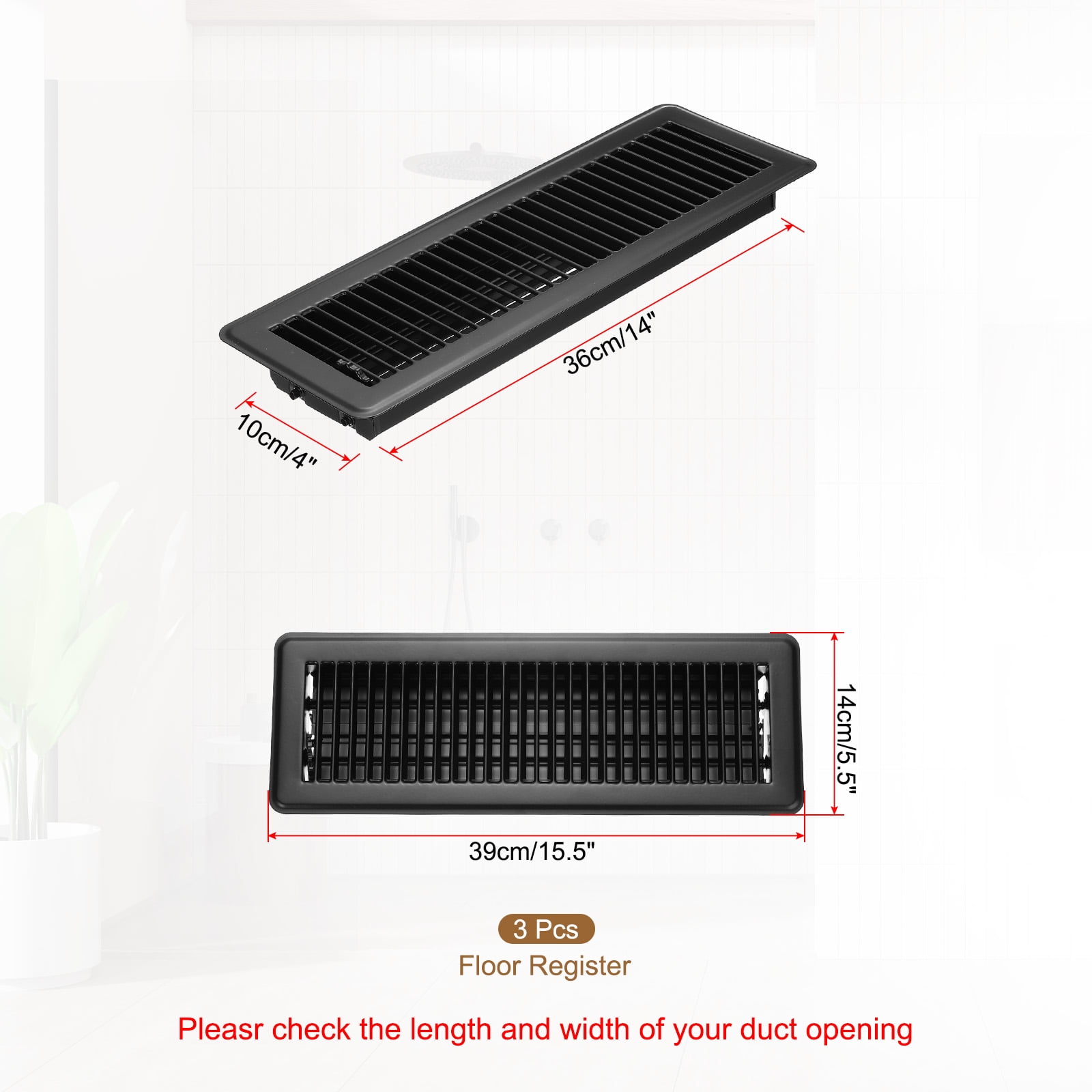 Uxcell 14 x 4 Inch Floor Register, 3pcs Heavy Duty Air Vent Cover Adjustable Floor Grates, Black