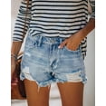 thumbnail image 5 of ONLYSHE High Waisted Stretchy Casual Denim Shorts with Frayed Hem and Pockets, Blue, M, 5 of 6