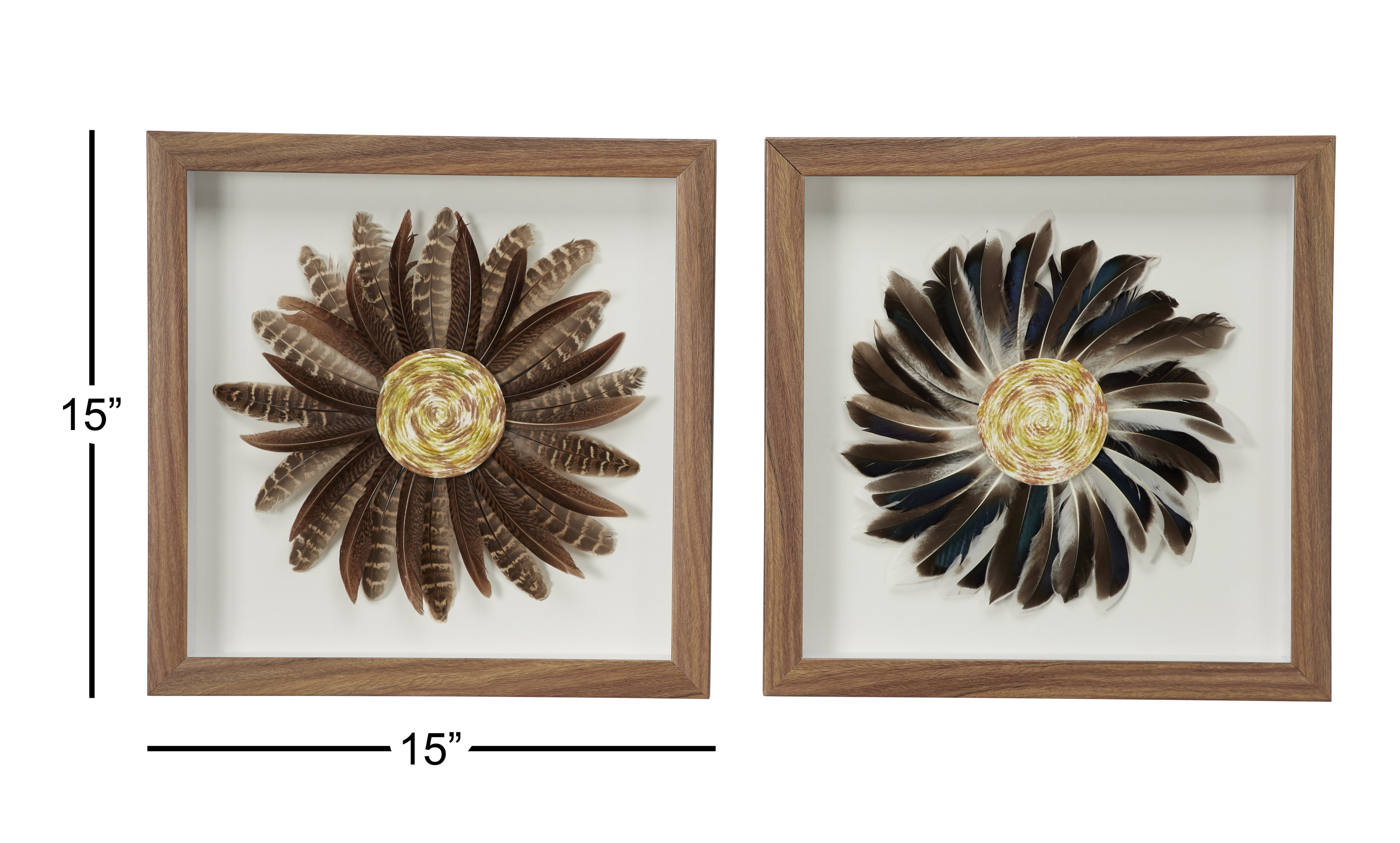 Decmode Eclectic Style Brown & Black Feather Shadow Box Wall Décor in Square Wood Frames, Set of 2: 15” x 15”