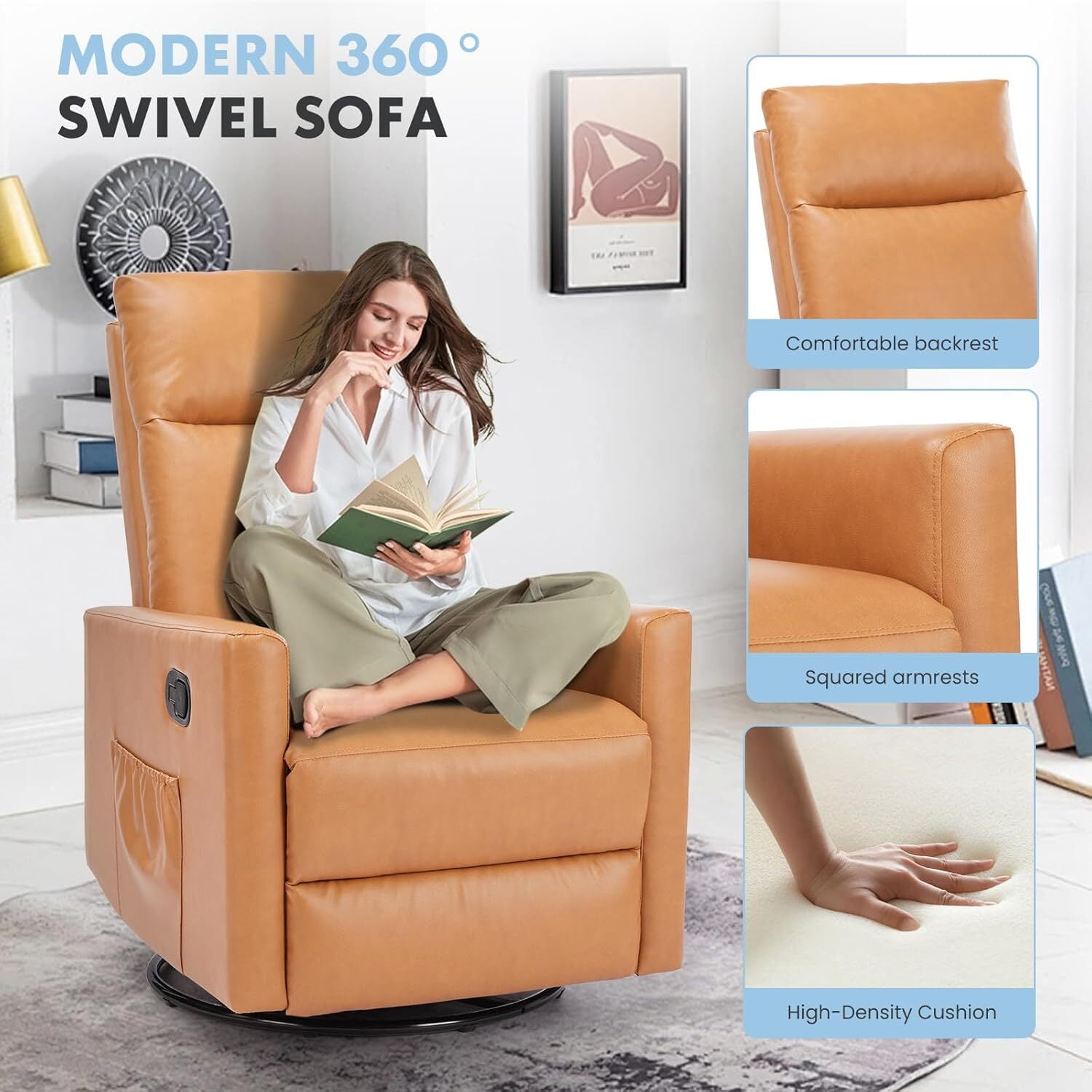 AENKYO Recliner Chair Swivel Rocking for Living Room, Glider Rocker with Extra Large Footrest - Brown