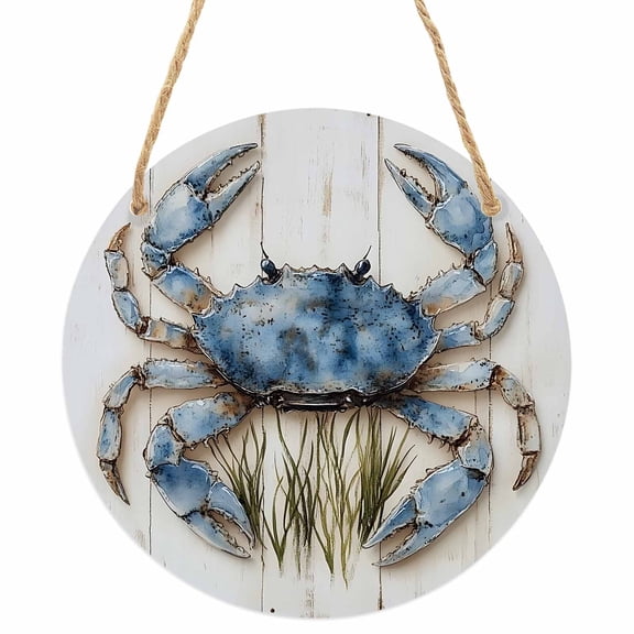 Blue Crab Coastal Round Front Door Welcome Sign, 5.9 Inch Wall Hanging Decor for Indoor Outdoor, Vintage Beach Nautical Coral Sea Home Porch Hanger Decorations for Holiday Gift