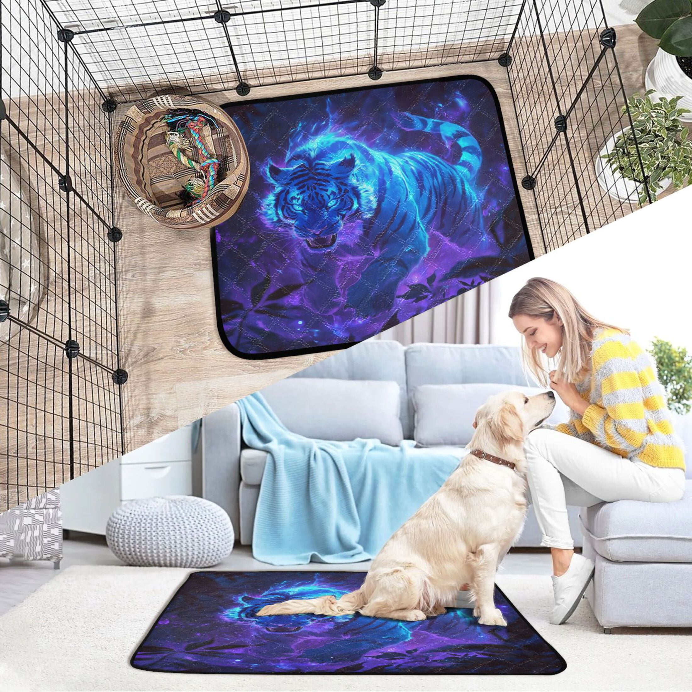 Qxltty Glowing Blue Tiger Cat litter Pads Pet Set of 2 Diaper Mats Center Anti-leakage Layer Absorbent Soft and Comfortable