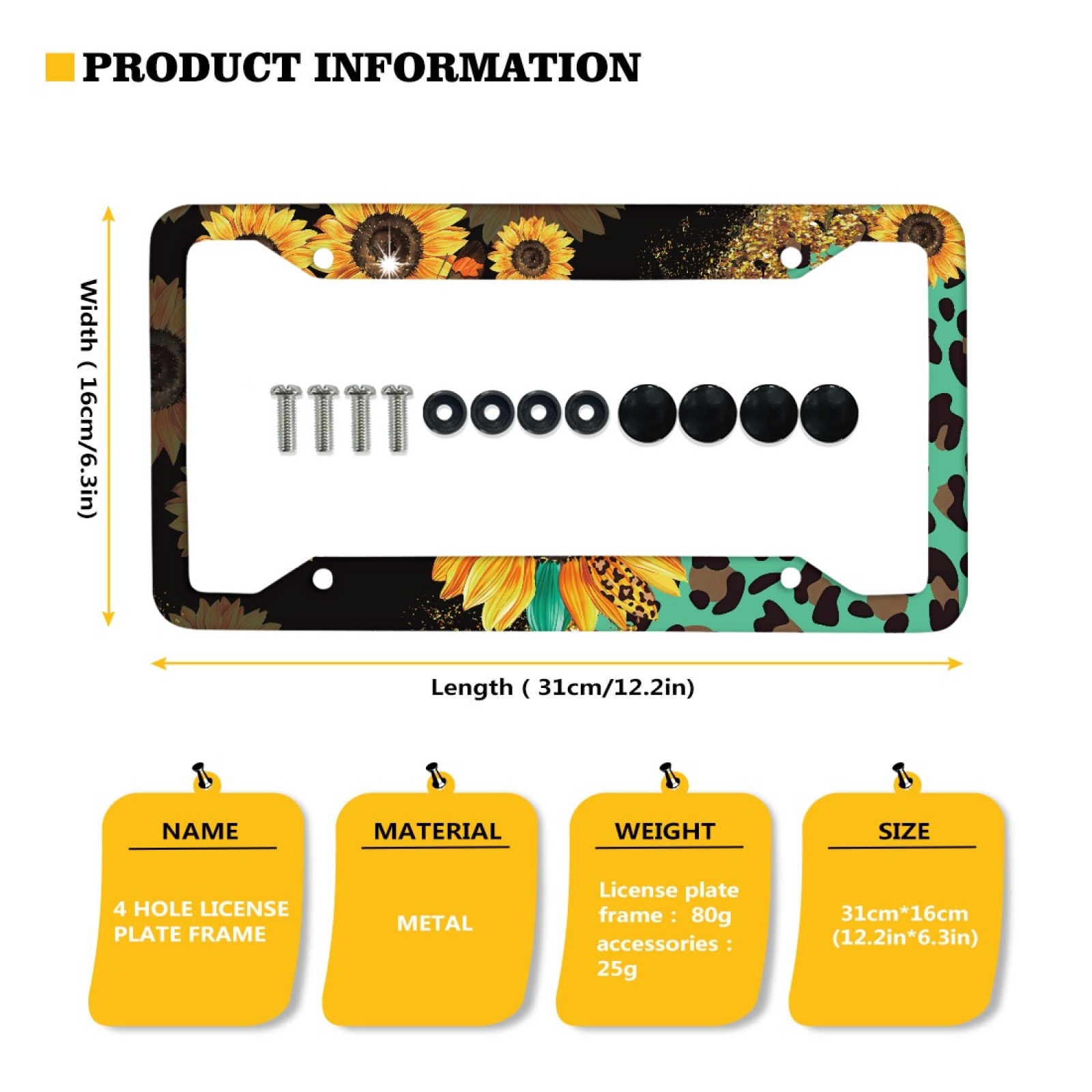 Renewold Sunflower Leopard Print Green Car License Plate Frame Licence Plate Frame Frames with Screw Caps Applicable to Standard US License, Set of 2