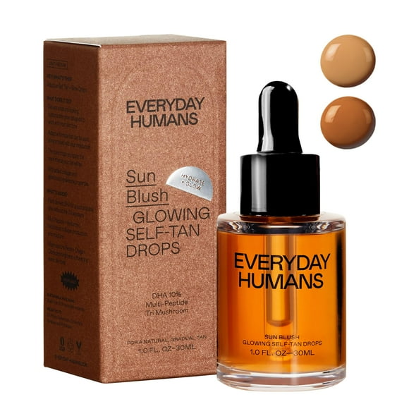 Sun Blush Gotas autobronceadoras brillantes fabricadas en Australia 1.0 fl.oz | Autobronceador gradual para rostro y cuerpo natural besado por el sol con péptidos | Sin fragancia | Humanos cotidianos