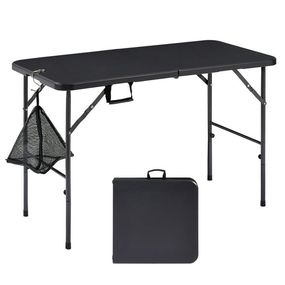 VECELO 4ft Folding Table with Hanging Bag, Portable Heavy Duty Plastic Fold-in-Half Utility Camping Table, Indoor Outdoor Foldable Table with Carrying Handle, Black