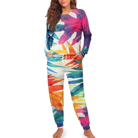 Yuyamidu Colorful Palm Leaves Pajama for Women Long Sleeve Nightwear Tropical Style Scoop Neck Pjs Top and Pants Set of 2 Winter Fall Sleepwear Sets Daily Wear Size L