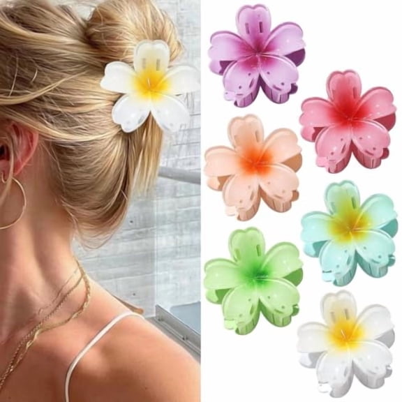 6 Pcs Flower Hair Claw Clips for Women Girls,Cute Hawaiian Hibiscus Large Hair Clips for Thick Thin Curly Hair,Strong Hold &Non-Slip,Stylish Medium Summer Beach Hair Accessories for Holiday Gifts
