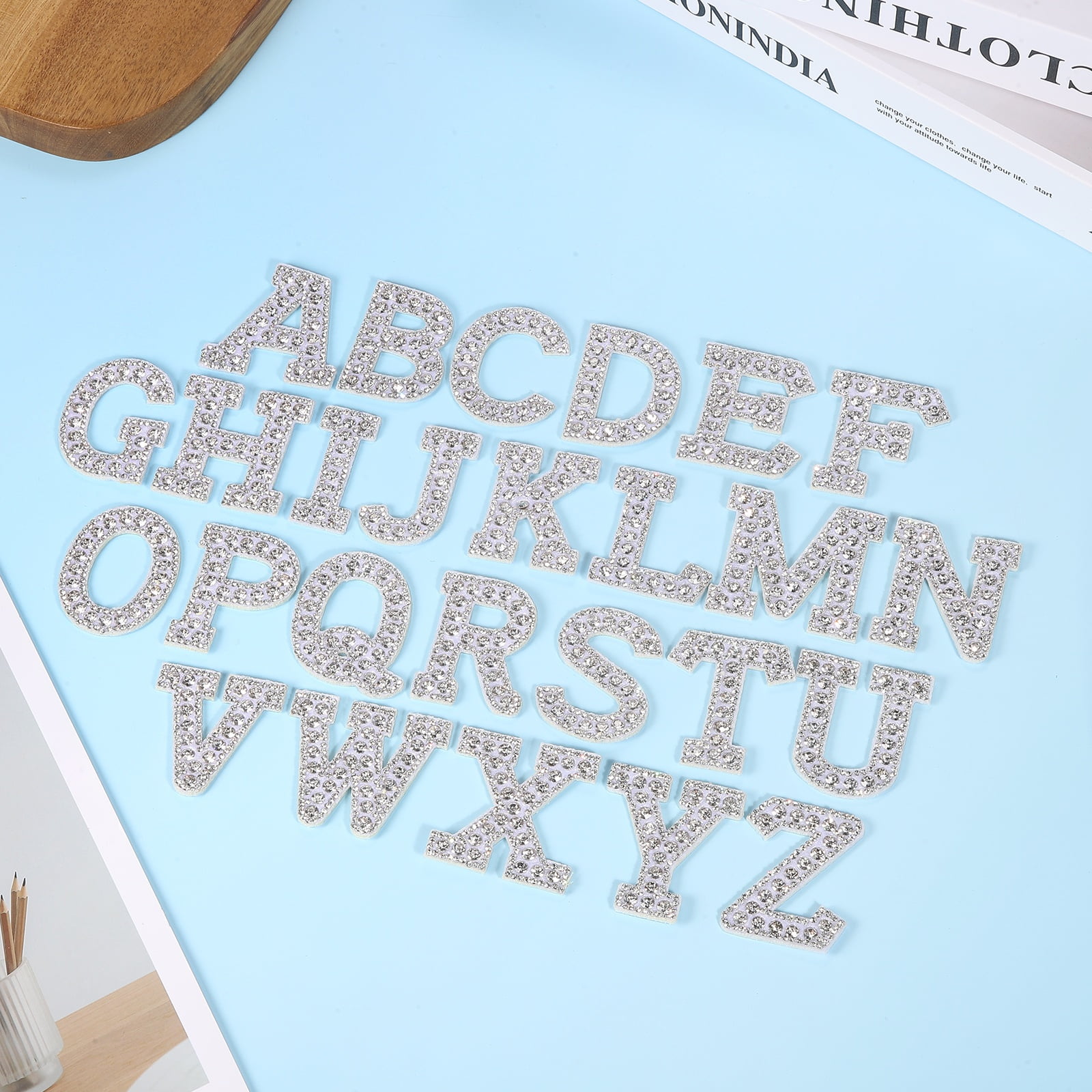 Uxcell 26pcs Letter Iron on Patch Decorative A-Z, Transparent White Glitter Pearl Alphabet Applique Rhinestone English Letter for DIY Clothing Repair Hat Bag
