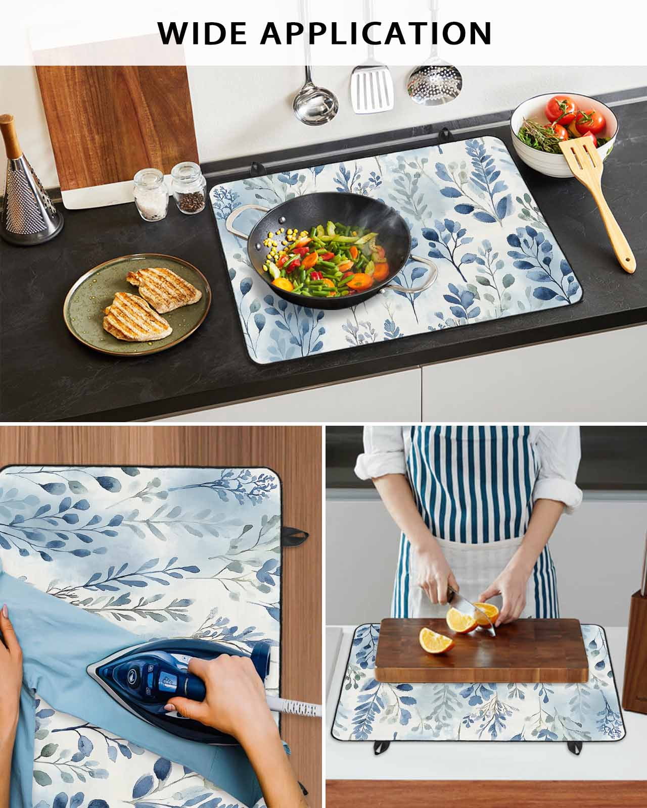 nqOlkjepod Large Induction Cooktop Protector Mat 36"x21", Blue Botanical Stove Top Covers for Electric Stove, Pastoral Spring Summer Leaf Decorative Stove Burner Cover Mats, Glass Top Stove Cover