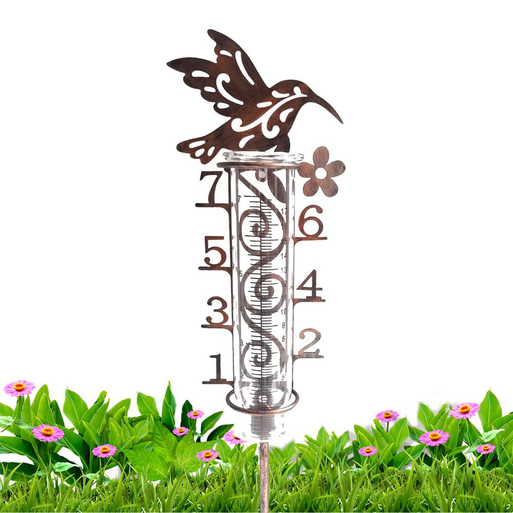JOYBee Metal Hummingbird Wind Spinners with Rain Gauge-Metal Stake with Replacement 7 Capacity Glass Rain Gauge Tube-Yard Decor-Decoration for Garden Patio Yard Lawn Outdoor Decor 