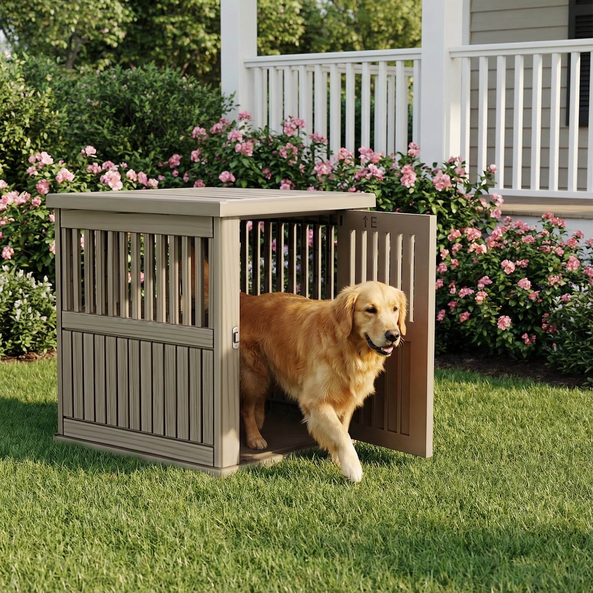 MAYEERTY Lockable Gate Pet Crate, Furniture-Style Multi-Use Shelter & Side Table for Home Patio