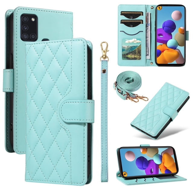Samsung Galaxy A21s Phone Case , Wallet Flip Cover Adjustable Crossbody Lanyard Magnetic Card Slots