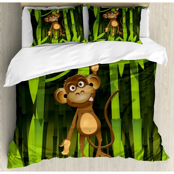Jungle Duvet Cover Set, Wildlife Theme Illustration of a Monkey in the Woodland Print, Decorative 3 Piece Bedding Set with 2 Pillow Shams, Calking Size, Brown and Fern Green, by Ambesonne