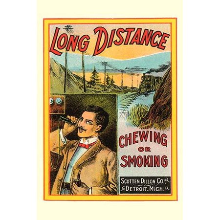Retail package of tobacco for pipe of chewing sold under the brand Long Distance  The image is to convey the idea of how long lasting the tobacco is  You could take a long ride on a train or spend a