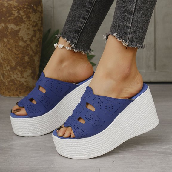 RUIYANQI Women's Platform Wedge Slides Open Toe Cutout Design Slip On Shoes Summer Beach Casual Fashion Comfortable Walking Footwear Blue Women Sandal