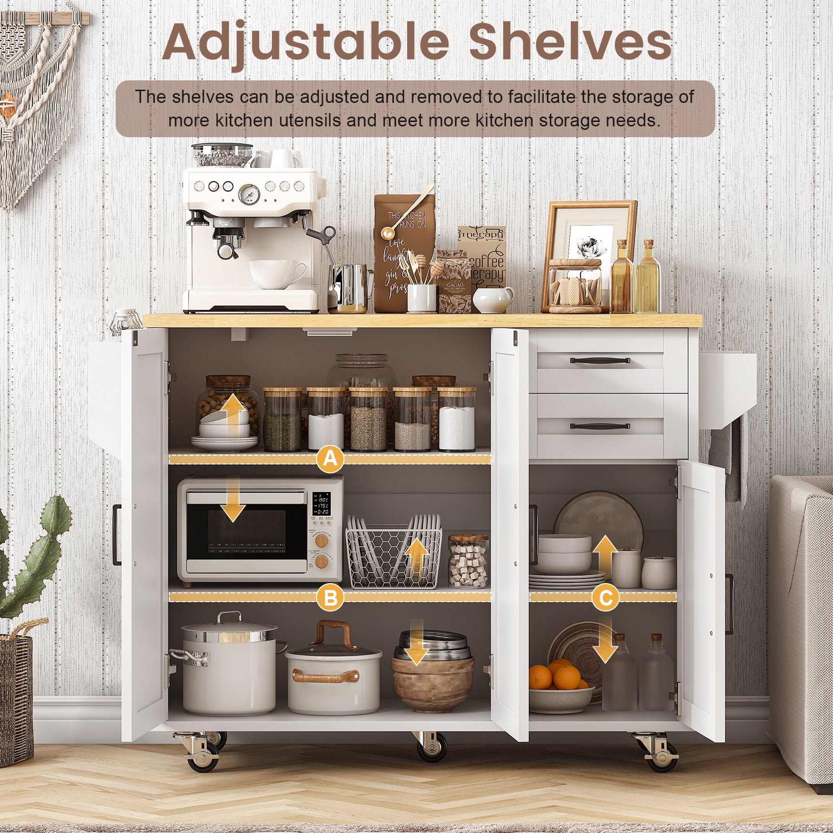 Meteorleg 51.2'' Kitchen Island Cart on Wheels, 3-Doors 2-Drawers Rolling Storage Cart with Adjustable Shelves & Rubberwood Countertop, White