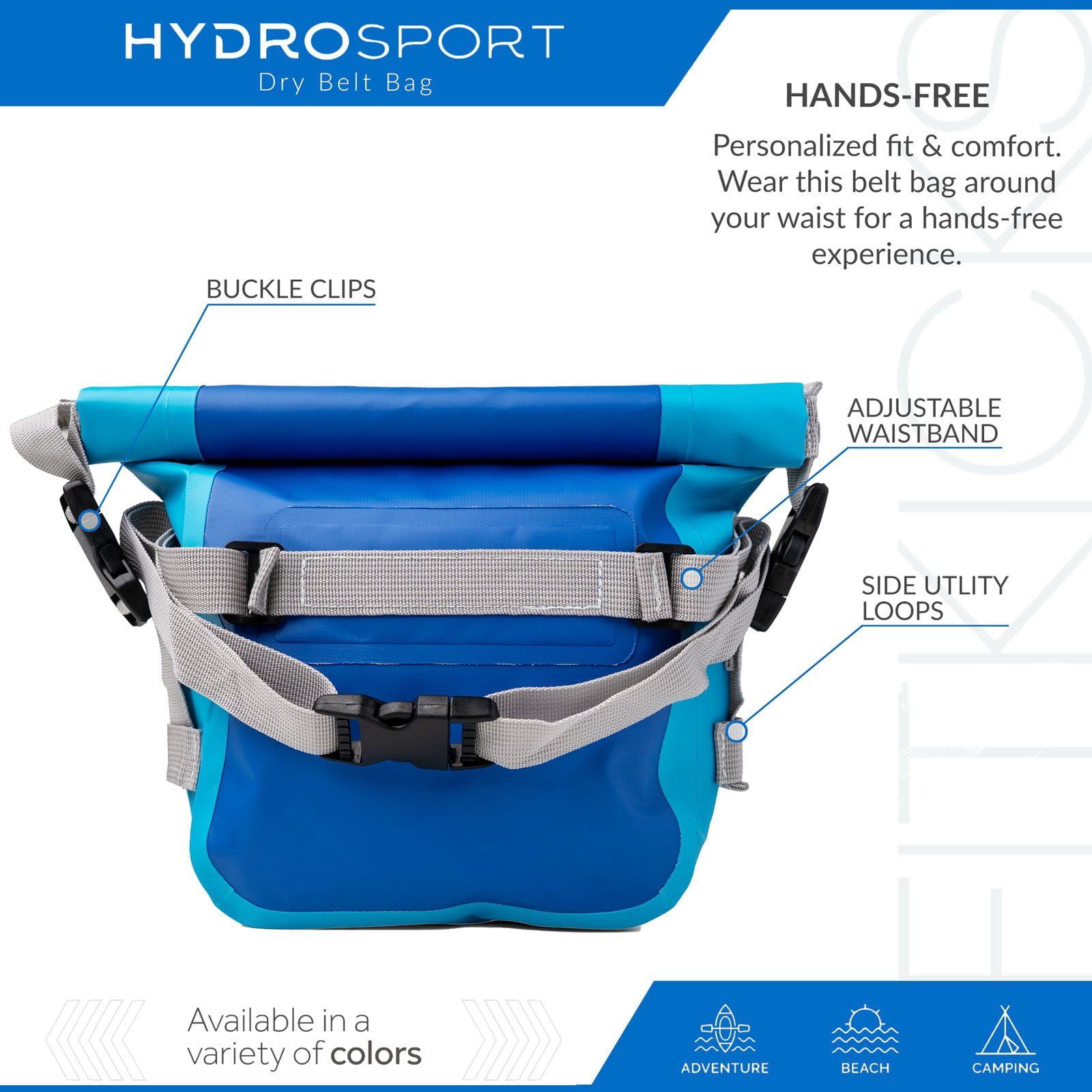 FITKICKS HydroSport Dry Belt Bag Waterproof Waist Pack with Adjustable Strap - Blue