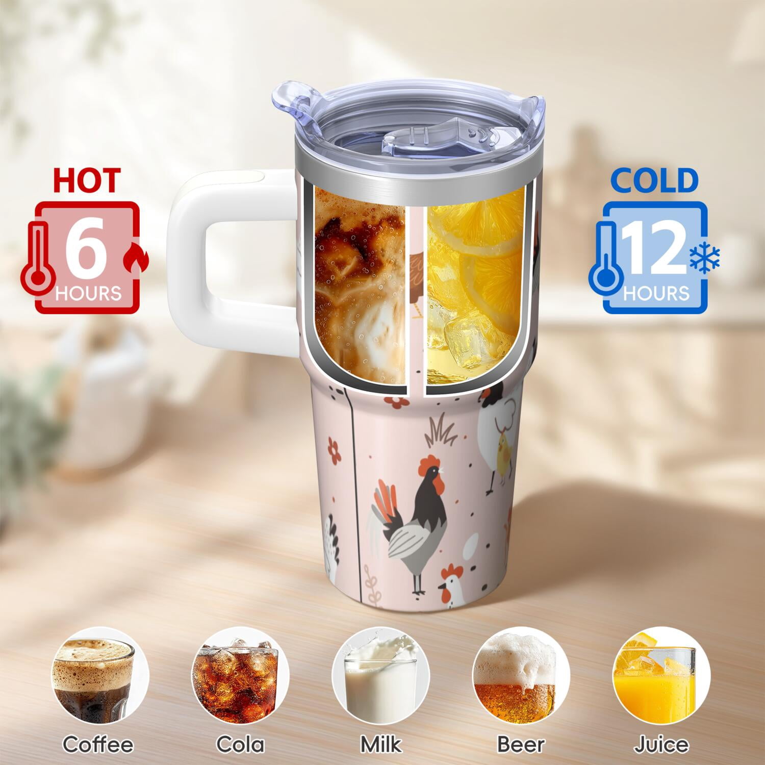 20oz Chicken Art Tumbler with Handle Insulated Travel Mug Special Birthday Christmas Gift for Chicken Enthusiasts Women Men Fits Car Cup Holders Wide Mouth for Ice Comfortable Grip Trips Commutes