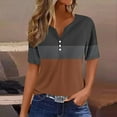thumbnail image 4 of Women's Color Block T-shirts Buttons V Neck Short Sleeve Striped Summer Tops July 4th Festive Tshirts (2XL, Brown), 4 of 5
