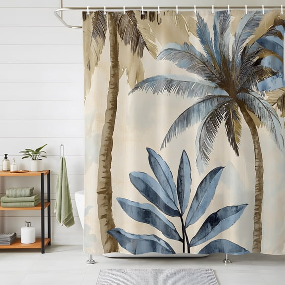 Shower Curtains for Bathroom, Palm Trees Waterproof Fabric Shower Curtain, Blue Brown Vintage Watercolor Tropical Decorative Bathroom Curtain for Bathtub, 72"x78", No Hooks Included