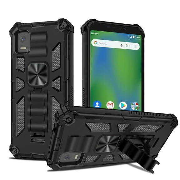 For Cricket Debut Smart Case Kickstand Phone Cover Full Protection Armor Shockproof Rugged Case with Free 9H Tempered Glass Screen Protector - Black